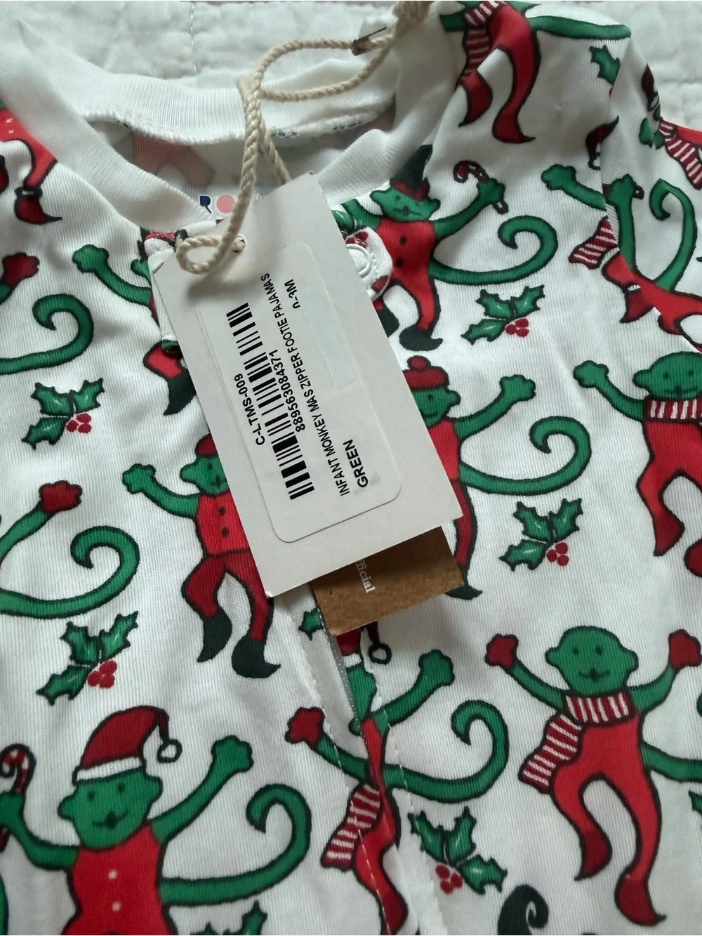 Roller Rabbit White Footie with Red & Green Monkey Print